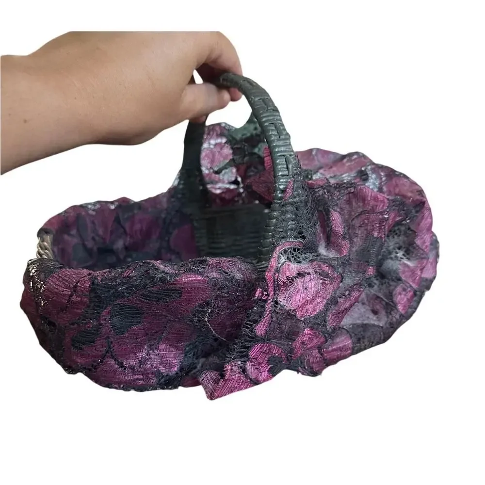 Vintage Green & Purple Lace Wrapped Basket